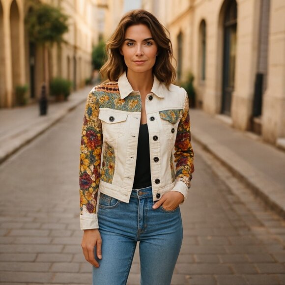 Desigual Embroidered White Denim Jacket size 34 - Picture 1 of 10